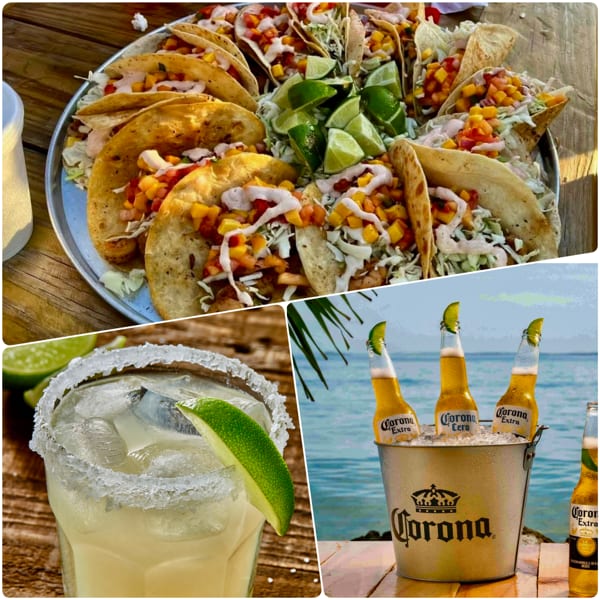 A collage of tacos, a margarita, and Corona beers in a bucket by the ocean.