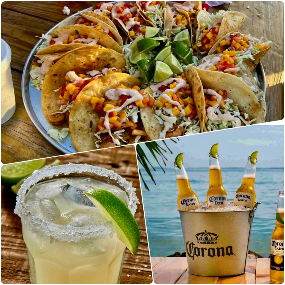 A collage of tacos, a margarita, and Corona beers in a bucket by the ocean.